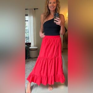 Japna Red Tiered Maxi Skirt Cotton Boho Prairie Ruffle Hem Elastic Waist S